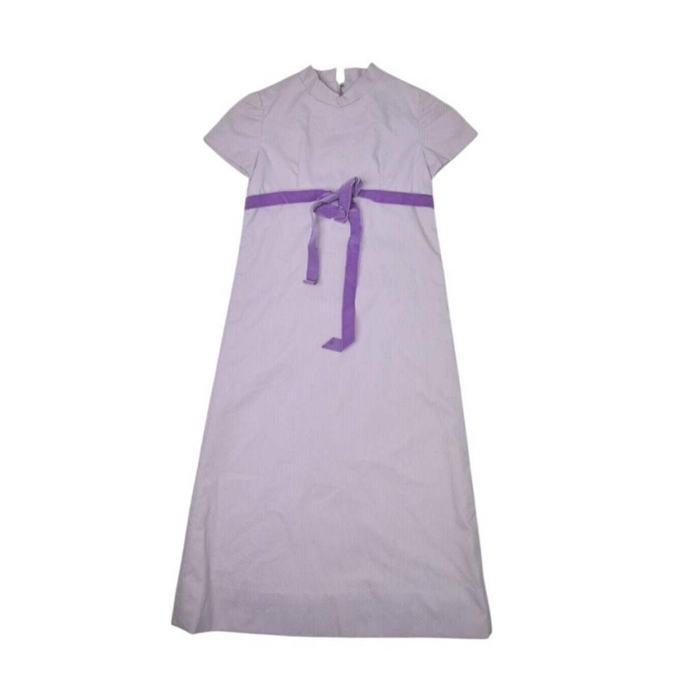 Vintage 60s Polka Dot Dress Women XS/S Purple Short Sleeve House Belted Mod 70s